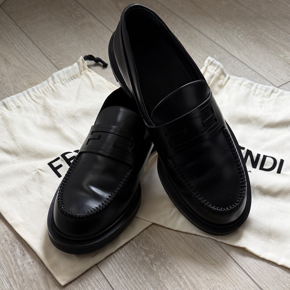 Fendi Frame Black Leather Slip-On Loafers
